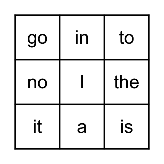 Sight Word Bingo Card