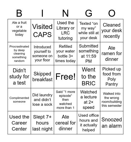 Study Break Bingo! Bingo Card