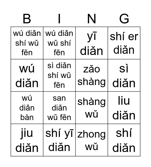 Telling the Time Bingo Card