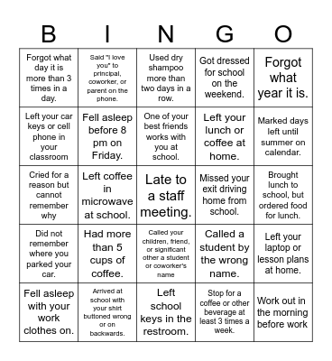 Beulah Park November Staff Challenge Bingo Card