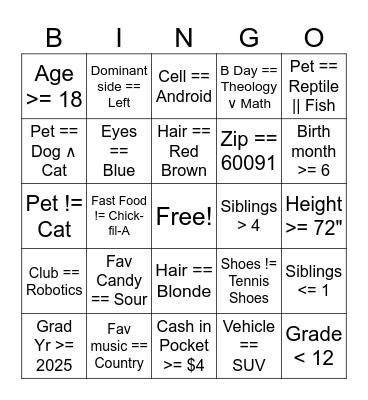 APCSP Boolean Bingo Card
