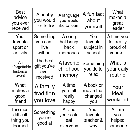 Getting to know you Bingo Card