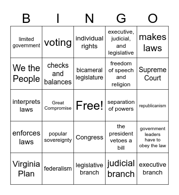 Constitution (Compromises & 7 Principles) Bingo Card