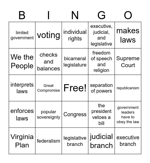 Constitution (Compromises & 7 Principles) Bingo Card