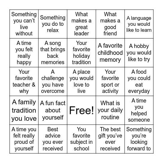 Getting to Know You Bingo Card