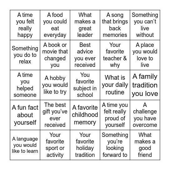 Getting to Know You Bingo Card