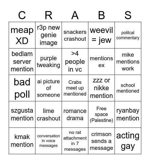 Official Crabs Bingo Card