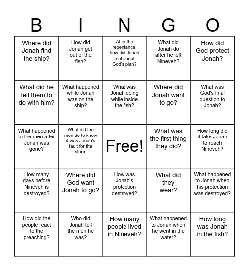 JONAH 1, 2, 3, & 4 Bingo Card