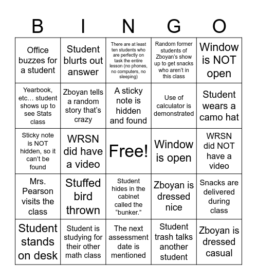 AP Stats Class Events #3 Bingo Card