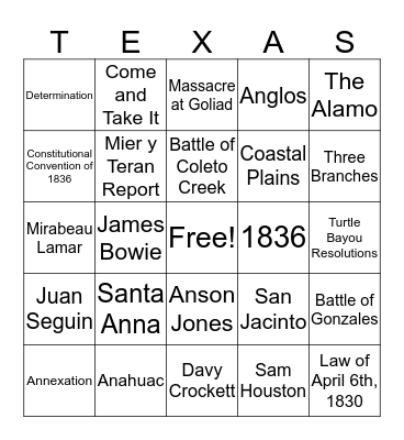 Texas Revolution Bingo Card