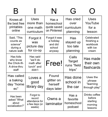 Homeschool Mom Bingo Card