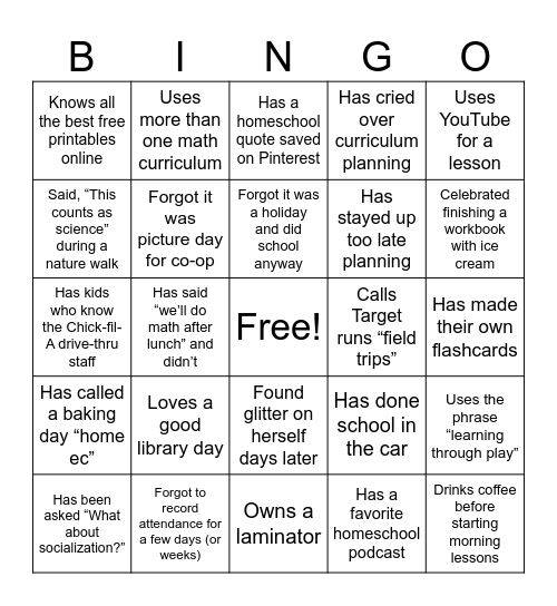 Homeschool Mom Bingo Card