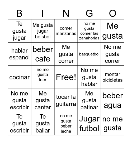 Me gusta/No me gusta Bingo Card