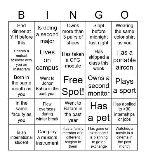 NUS Interfaith: Faith and Love Bingo Card