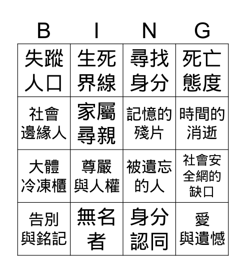 再見可愛陌生人 Bingo Card