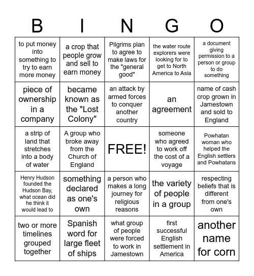 European Settlements - Chapter 4 Vocbulary Bingo Card