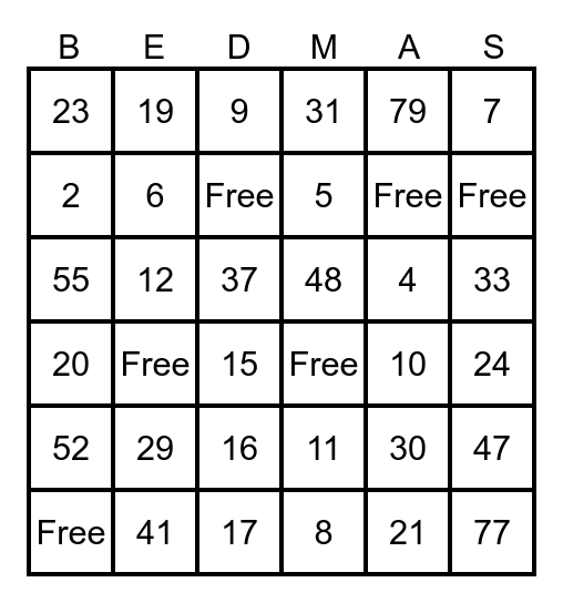 Order of Operations Bingo Card