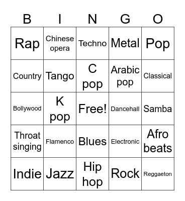 Musical Genre Bingo Card