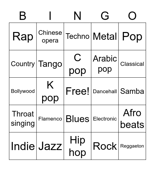 Musical Genre Bingo Card