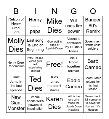 Stanger Things Bingo Card
