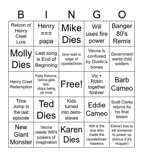 Stanger Things Bingo Card