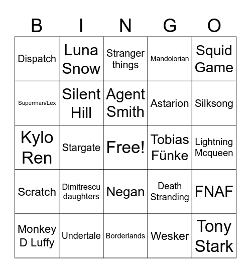 Supanova Bingo Card