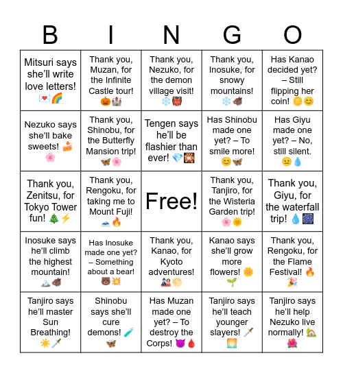 B18 L17 Tanjiro says he’ll help Nezuko live normally! 🏡🌺 Bingo Card