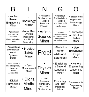 Minors Bingo Card