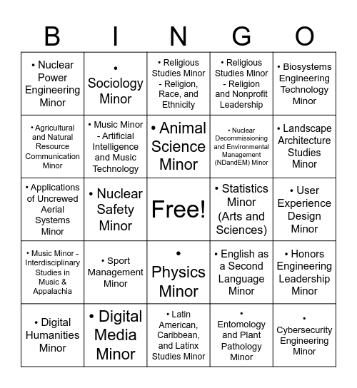 Minors Bingo Card