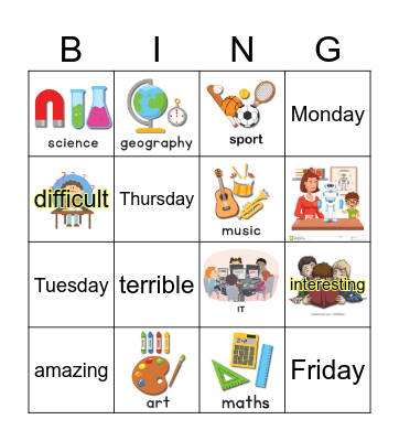 School subjects Bingo Card