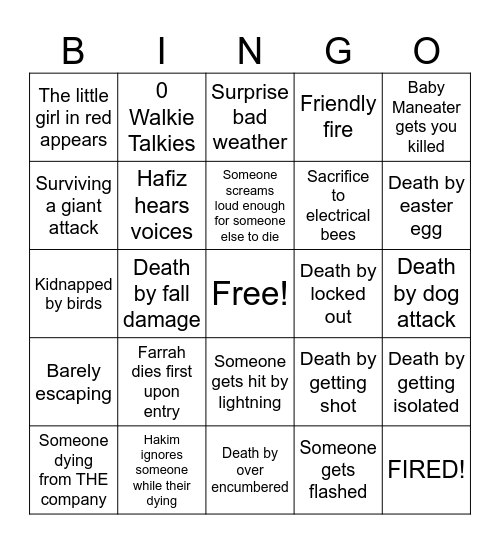 Lethal Bingo Card