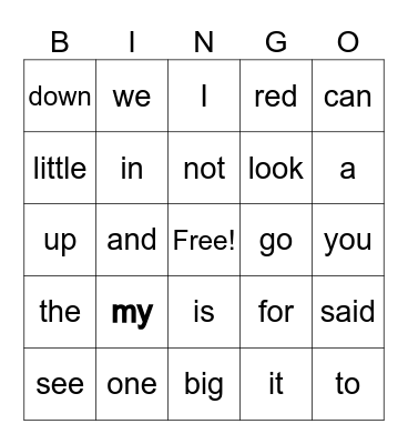 Pre-Primer Sight Words Bingo Card