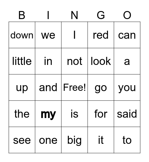 Pre-Primer Sight Words Bingo Card