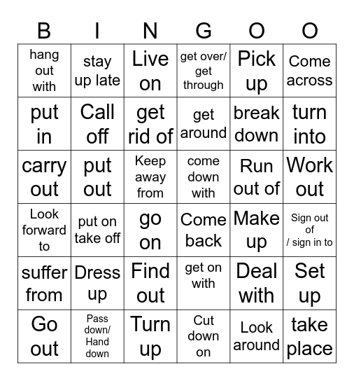 bingo phrasal verbs unit 1,2,3 Bingo Card