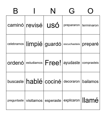 Regular Verbs Preterite Bingo Card