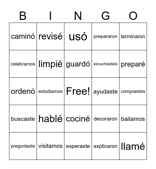 Regular Verbs Preterite Bingo Card