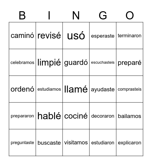 Preterite Tense - Regular Verbs Bingo Card