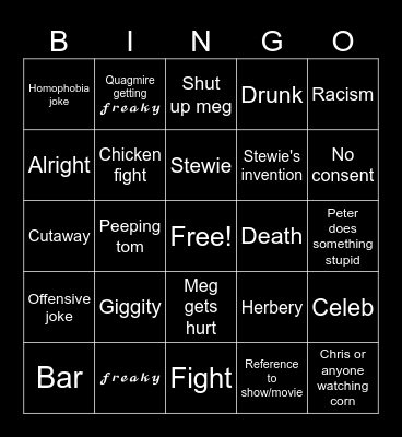 Family guy bingo Card