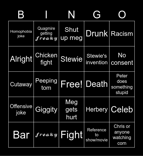 Family guy bingo Card