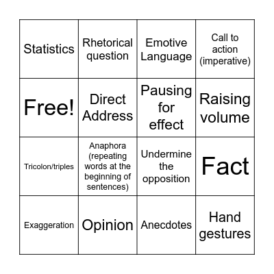 Speech Bingo Card