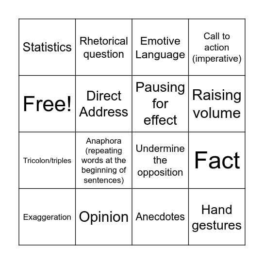 Speech Bingo Card