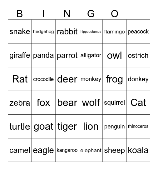 Animals Bingo Card