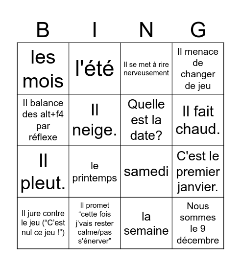 Bingo de la Rage 5=Rage Bingo Card