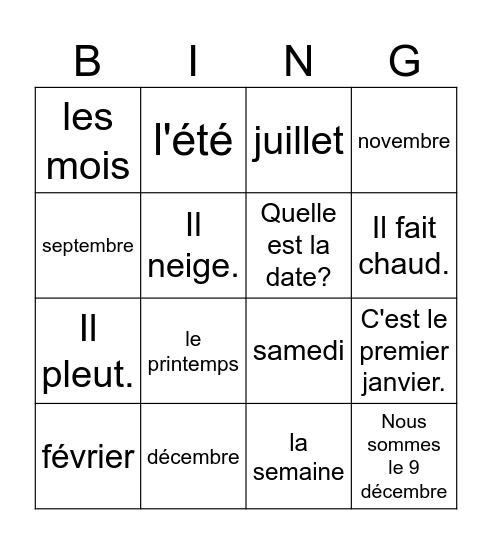 Le calendrier en français Bingo Card