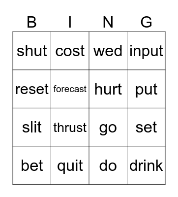Irregular Verbs Bingo Card