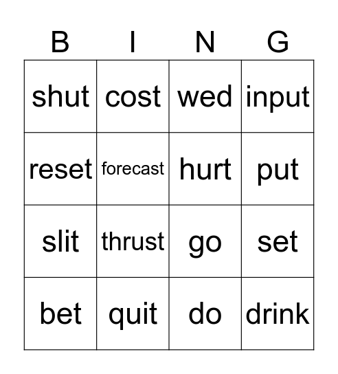 Irregular Verbs Bingo Card