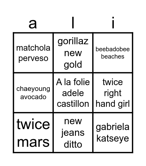 Alingo Bingo Card