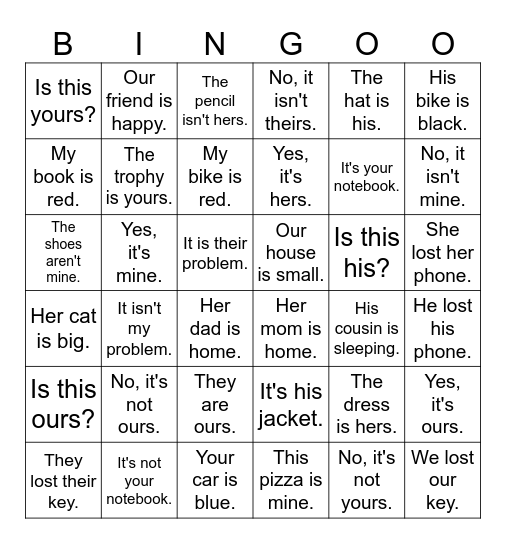 Possessives Bingo Card