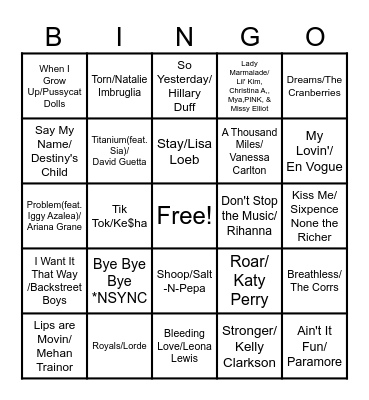 Mom Songs Bingo Card