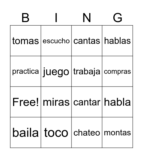Verbos regulares -ar, singular Bingo Card